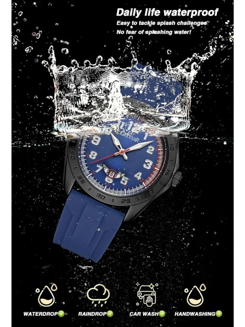Men's Blue Analog Quartz Rubber Silicone Band Arabic Numbers Casual Wrist Watch